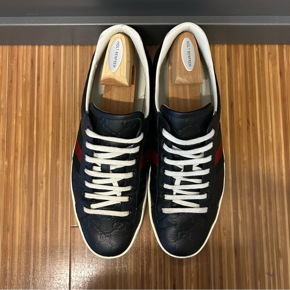 GUCCI Ace Signature Sneaker Embossed Black Monogram Leather Stripe - Picture 9 of 10